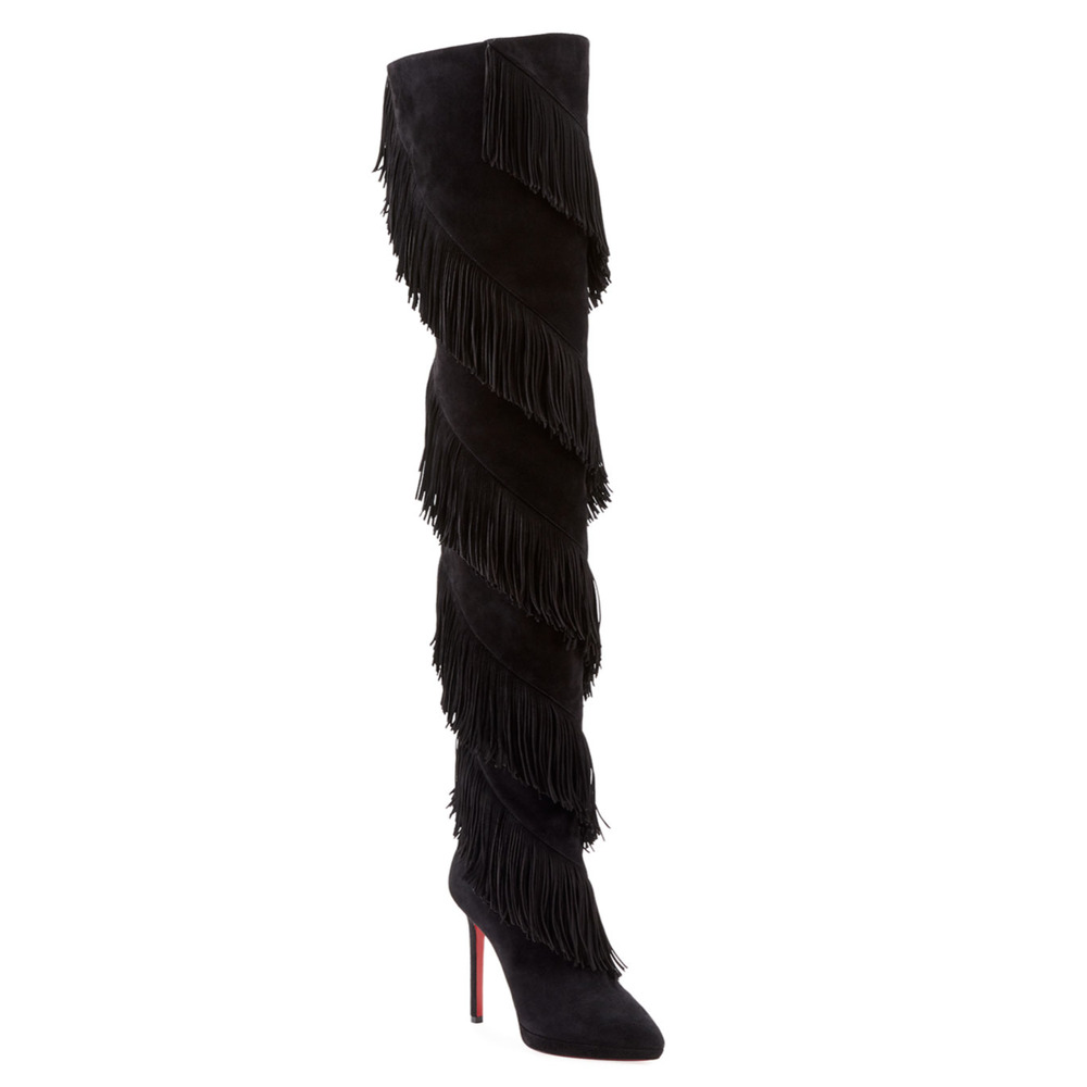 Christian Louboutin Bolcheva 120 Black Fringe Thigh High OTK Knee Heel Boot 36.5